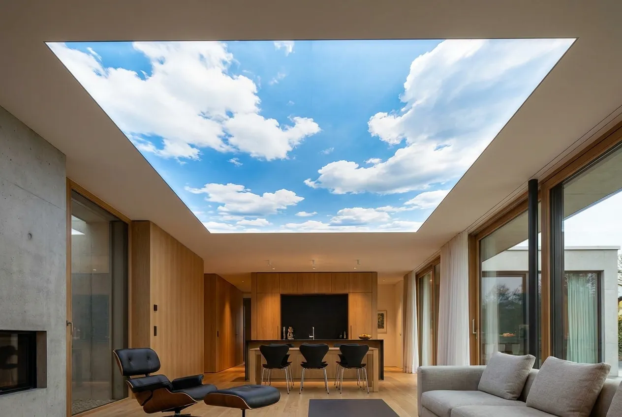 Techo tensado retroiluminado con impresión fotográfica de bosque de secuoyas · salón con chimenea de piedra · cove lighting cálido.