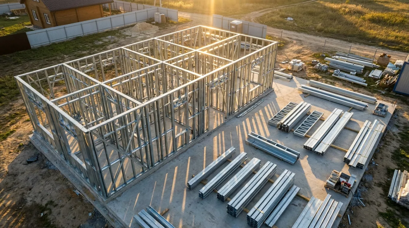 Obra Teknika House en ejecución, vista aérea con estructura LSF.