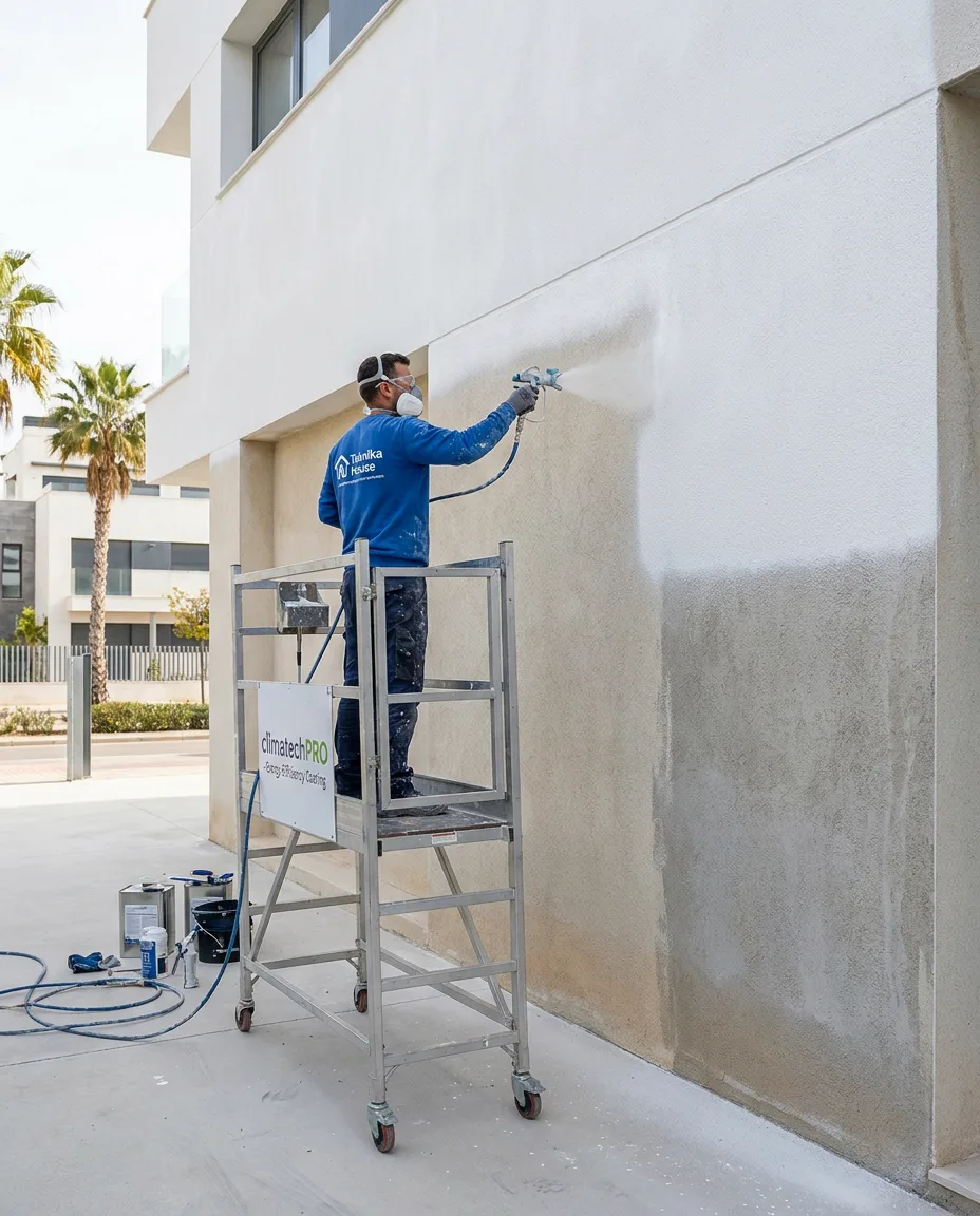 Operario de Teknika House aplicando climatechPRO con pistola airless sobre la fachada de una vivienda.