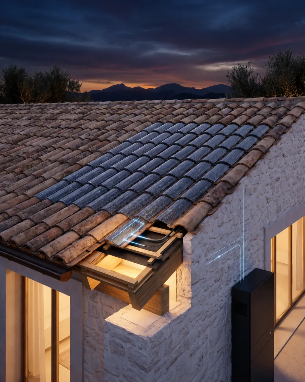 Cubierta de teja árabe fotovoltaica al atardecer en una vivienda de piedra mallorquina.
